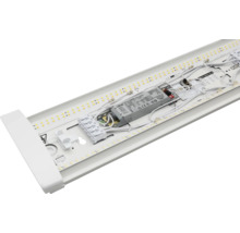 Invändig vy av en LED-armatur för våtrum med LED-remsor, kablar och transformator