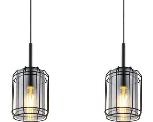 Två hänglampor med metallbur och glaskropp