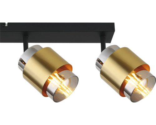 Taklampa med två spotlights i guld och silver