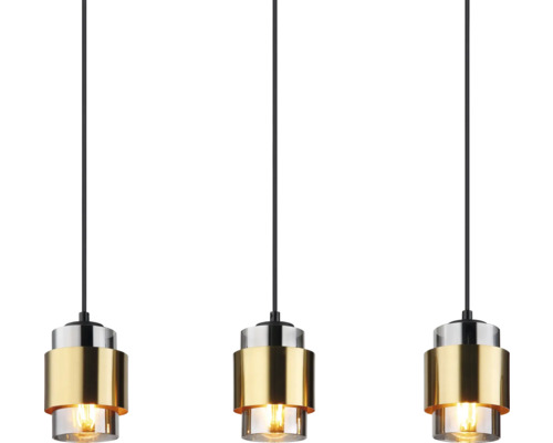 Taklampa med tre lampor med glas- och metallskärmar