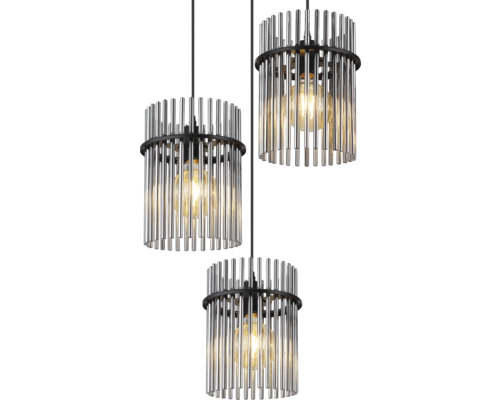 Taklampa med tre lampor och cylindriska skärmar av metallstänger.