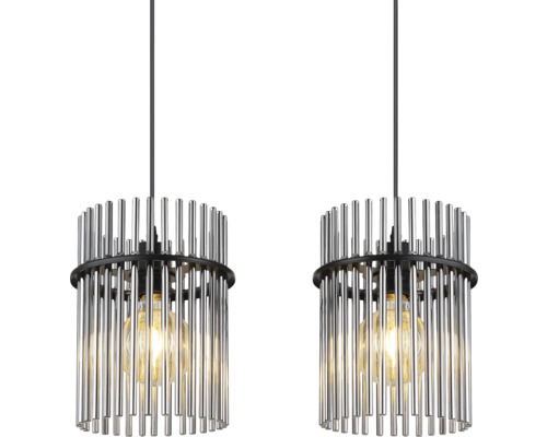 Två hänglampor med cylindrisk lampskärm av metallstänger