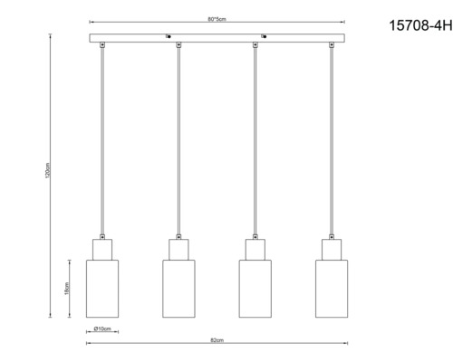 Teknisk ritning av en taklampa med fyra lampor och dimensioner