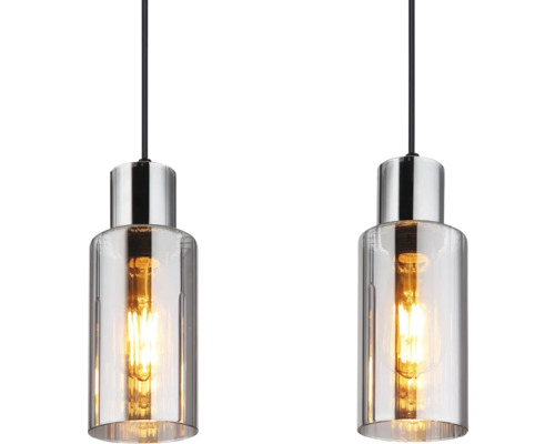 Två hänglampor med klart glas och metallöverdelar.