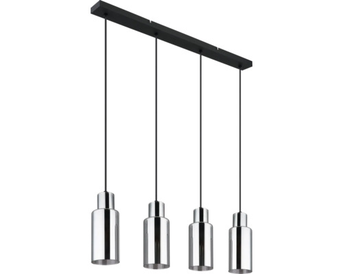 Pendellampa med fyra lampor, kromade skärmar och svart upphängning