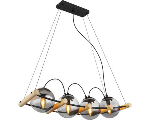 Pendellampa med fyra glaskulor och träelement