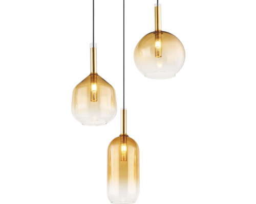 Pendellampa med tre lampskärmar i glas i olika former