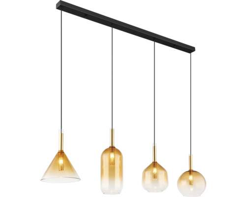 Pendellampa med fyra bärnstensfärgade glasskärmar i olika former