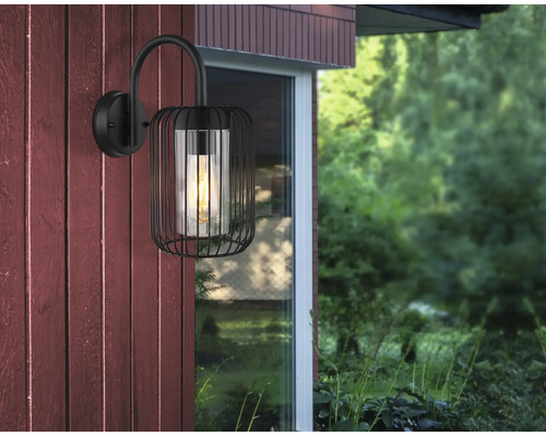 Svart vägglampa med glasinsats och burdesign för utomhusbelysning