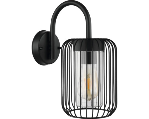 Svart vägglampa med burdesign och glascylinder