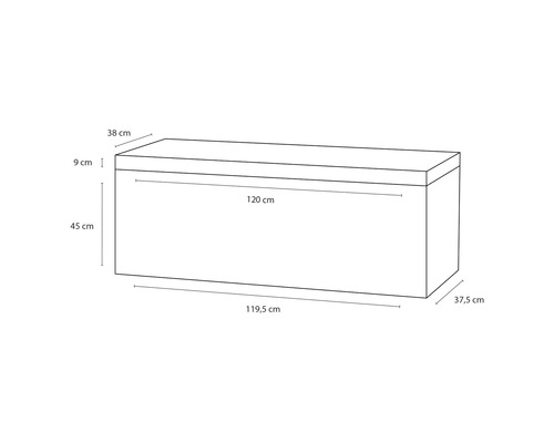 Mått på en förvaringslåda: 119,5 cm x 37,5 cm x 45 cm
