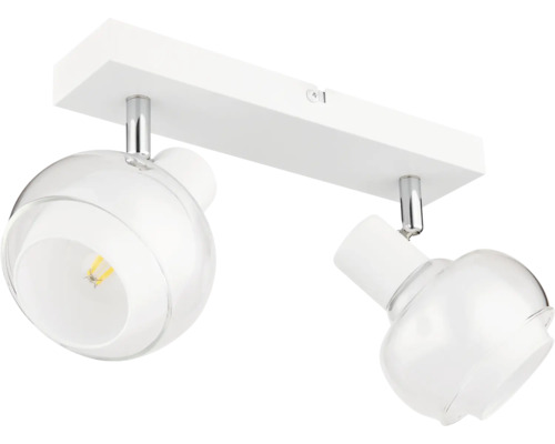 Taklampa med två spotlights och klara glasskärmar