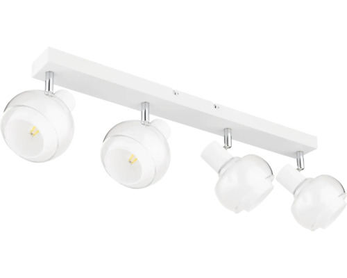 Taklampa med fyra lampor, runda, klara glasskärmar och vit sockel