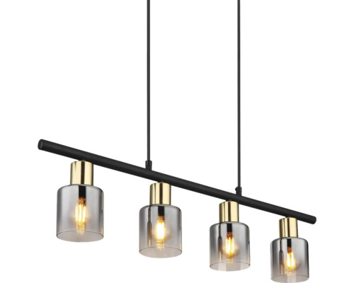Pendellampa med fyra glasskärmar på svart stång