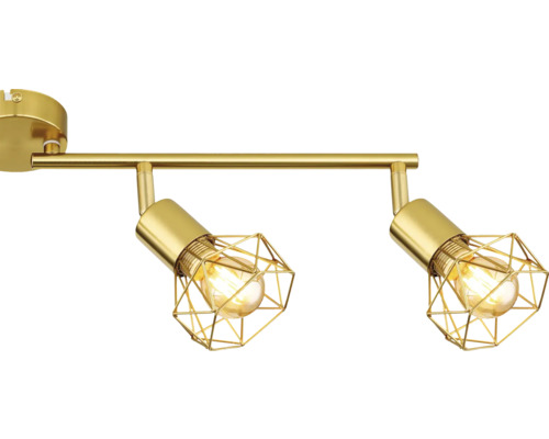 Tvåarmad guldfärgad taklampa med geometriska lampskärmar