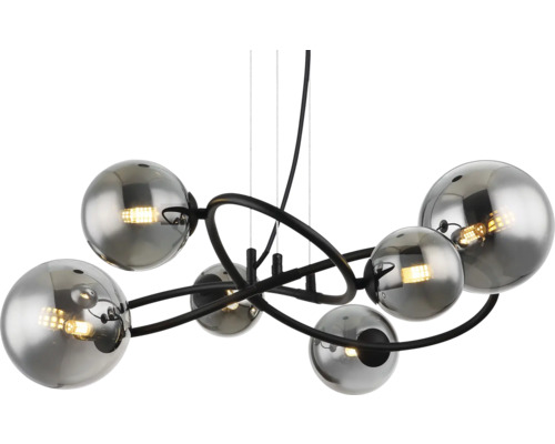 Pendellampa med sex glaskulor och svart metallram