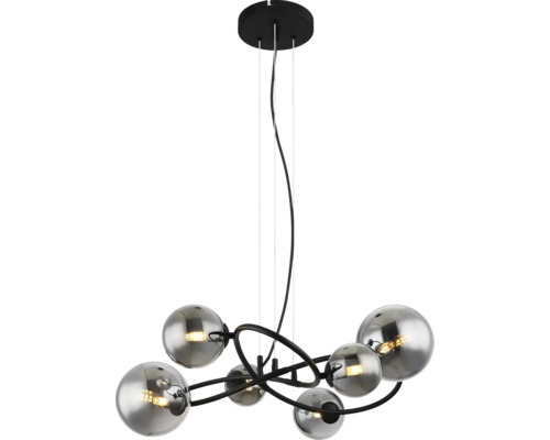 Taklampa med sex sfäriska lampskärmar och svart fäste