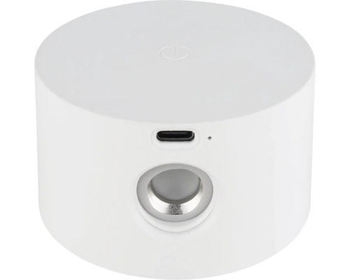 Vit, cylinderformad lampa med USB-port och strömbrytare