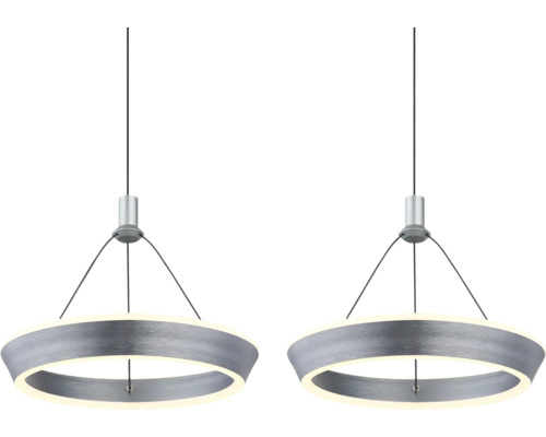 Två ringformade hänglampor i metall med LED-belysning.