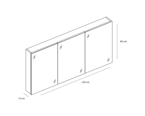 Bild av ett spegelskåp med måtten 120 cm bredd, 66 cm höjd och 13 cm djup.