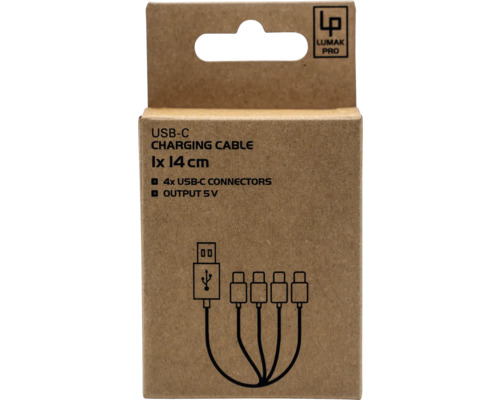 USB-C-laddningskabel, 1 styck, 14 centimeter, fyra USB-C-anslutningar, utgång 5V