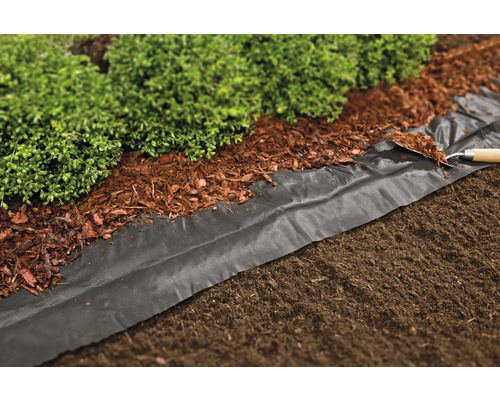 Trädgårdsscen med markduk, täckbark och växter