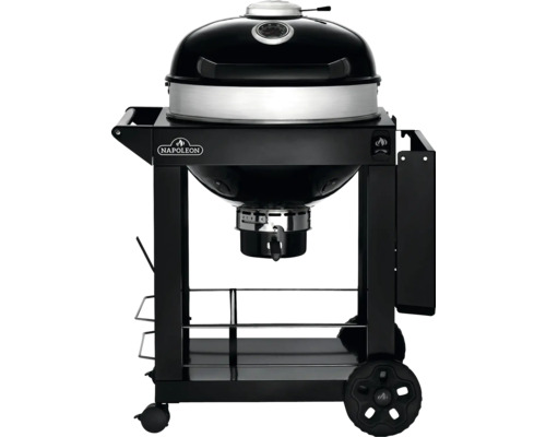 Svart kolgrill från Napoleon med vagn och hjul.