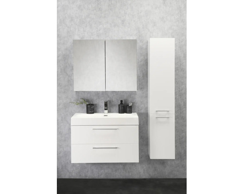 Vitt handfat med underskåp, spegelskåp och högskåp i badrummet