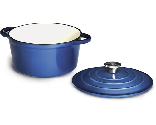 Blå gjutjärnsgryta med lock