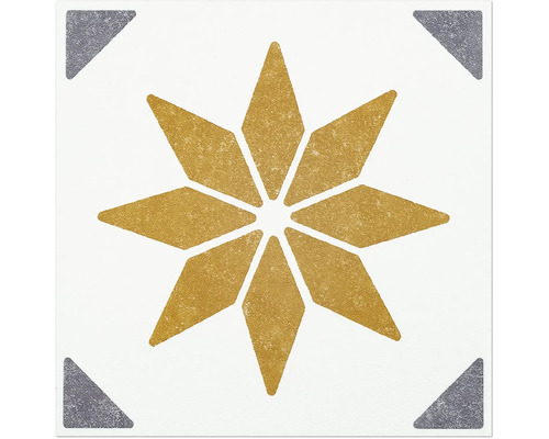 Dekorativ platta med stjärnmönster och trianglar i hörnen