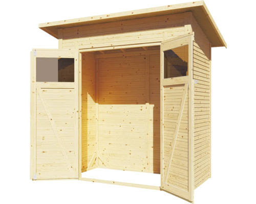 Trädgårdshus i trä med dubbeldörr och fönster