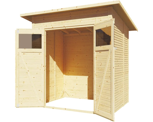 Öppet trädgårdsförråd i trä med fönster i dörrarna