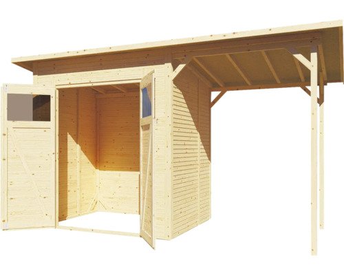 Trädgårdshus i trä med öppna dörrar och markis