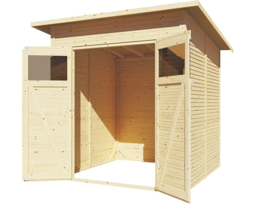 Öppet trädgårdsförråd i trä med dubbeldörr och fönster.