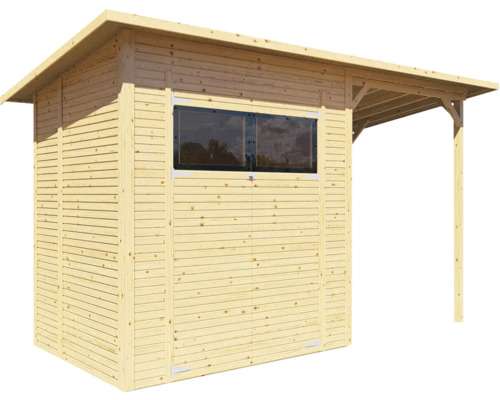 Trädgårdshus i trä med fönster och tak