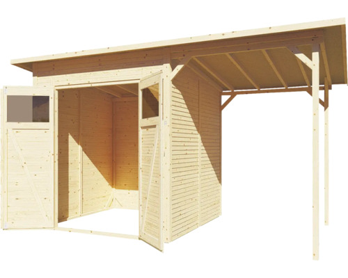 Trädgårdshus i trä med dubbeldörr och tak