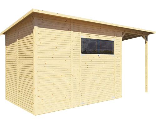 Trädgårdshus i trä med fönster och tak