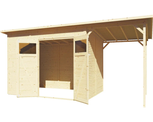 Trägarage med dubbeldörr och tak