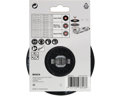 Bosch lamellrondell med olika kornstorlekar och diametrar på förpackningen.