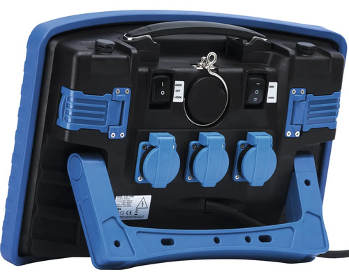 Baksida av en LED-byggstrålkastare med strömbrytare och uttag