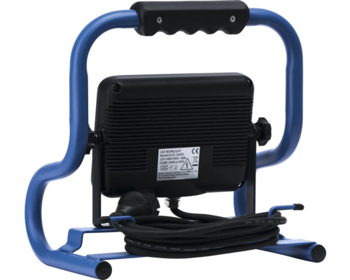 LED-arbetslampa med blå ram och svart kabel