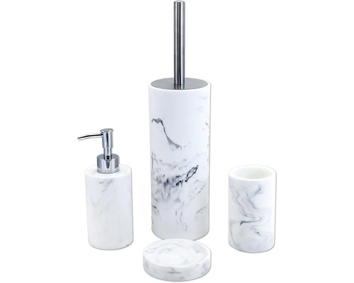 Fyrdelars badrumsuppsättning med tvålpump, tvålfat, mugg och toalettborstgarnitur i marmordesign