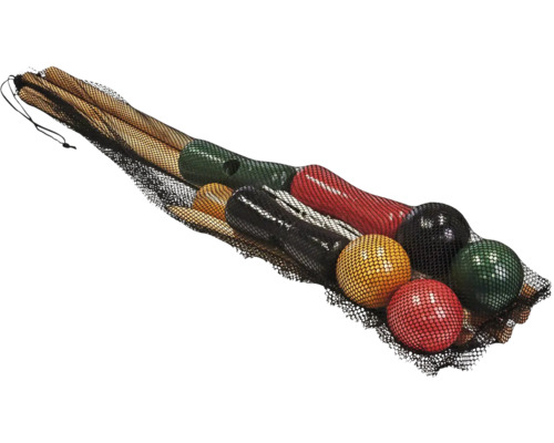 Krocketset med klubbor och bollar i ett transportnät