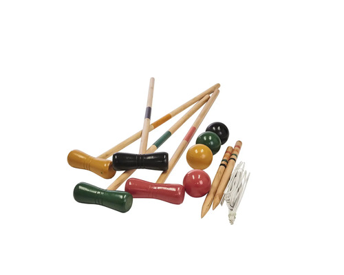 Krocketset med klubbor, bollar, portar och pinnar.