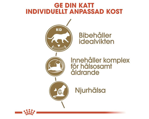 Information om kattmat: Bibehåller idealvikten, innehåller komplex för hälsosamt åldrande och njurhälsa