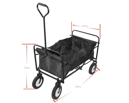 Transportvagn med svart presenning och måtten 90, 54 och 59 centimeter.