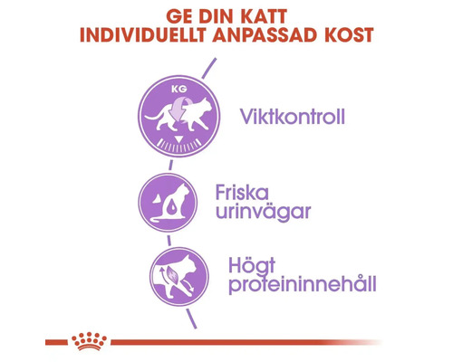 Symboler för viktkontroll, friska urinvägar och högt proteininnehåll i kattmat
