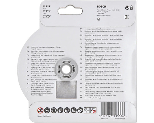 Baksidan av Bosch-förpackningen med information om material och användningsområden