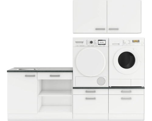 Tvättstuga med tvättställsskåp, tvättmaskin, torktumlare och väggskåp