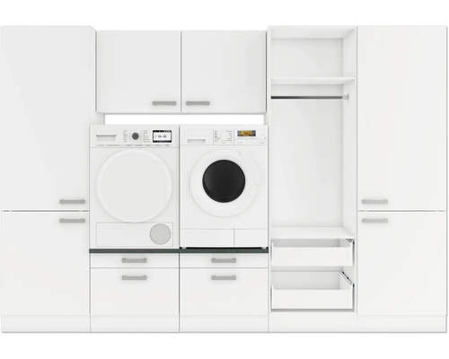 Tvättstuga med tvättmaskin, torktumlare, skåp och lådor